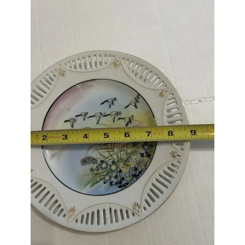 Antique Nippon Hand Painted Moriage Reticulated 9” Plate Floral Geese Gold Gilde